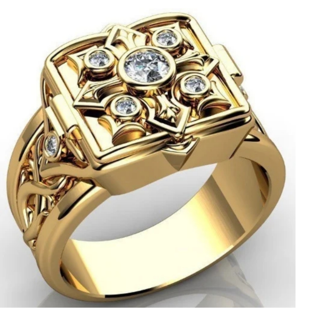 Men's Gold Domineering Carved CZ Ring